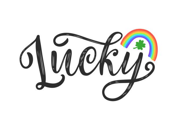 удачное слово кельтской кисти каллиграфии украшено радугой и четырехлистным клеверным трилистником. - luck stock illustrations