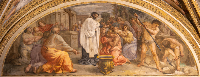 Rome - The baroque fresco Baptized st. Francis Xavier in the church Oratorio di San Francesco Saverio by Lazzaro Baldi (1624-1703).