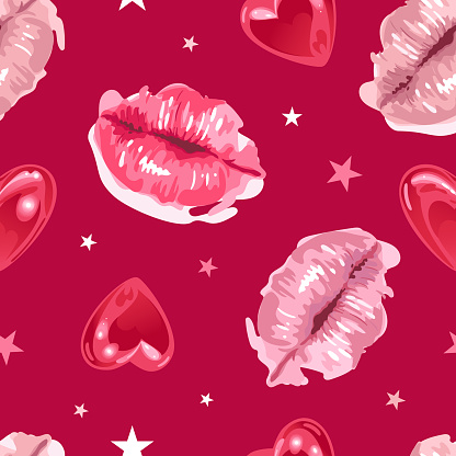 Valentines Day. Glossy lips in a watercolor style and shining balloons in the shape of a heart, a star. Bright seamless pattern. For wallpaper, printing on fabric, wrapping, background