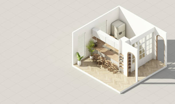 Interior in vintage minimalist style in the pantry kitchen. using wood material and light gray cloth on parquet floor and arched walkways in an apartment with large windows 3d render isometric