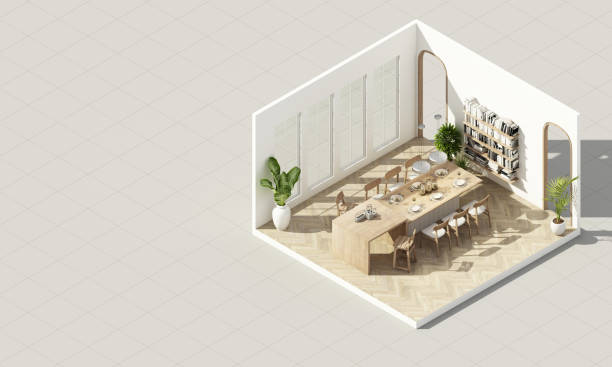 istock Interior in vintage minimalist style in the dining room. using wood material and light gray cloth on parquet floor and arched walkways in an apartment with large windows 3d render isometric 1367531345