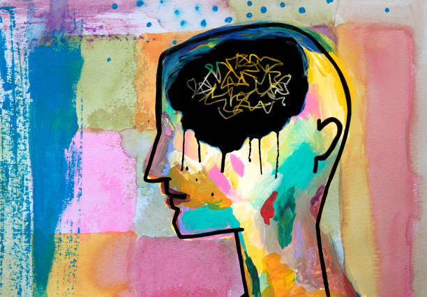 Person's head with chaotic thought pattern, depression, sadness - Mental health concept Mental health concept - person's head with chaotic thought pattern, depression, sadness, anxiety. Mixed media painting. My own work. painted image stock illustrations