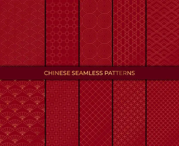 Vector illustration of Set of 10 patterns in chinese style. Vector collection of asian backgrounds. Chinese seamless pattern collection. Decorative wallpaper.