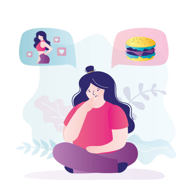 ilustrações de stock, clip art, desenhos animados e ícones de girl makes choice between slim body and favorite fast food. overweight woman thinking - teen obesity