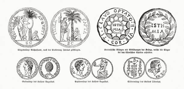 Ancient Greco-Roman Coins, wood engravings, published in 1862 Ancient Greco-Roman Coins, top: victory coin of Vespasian, struck in 71 AD to celebrate the victory in the Jewish Revolt; Corinthian coins depicting the wreaths given to the victors of the Isthmian Games. Below: Gold coin of Emperor Augustus; Copper coin of Emperor Augustus; Silver coin of Emperor Tiberius. Wood engravings, published in 1862. ancient coins of greece stock illustrations