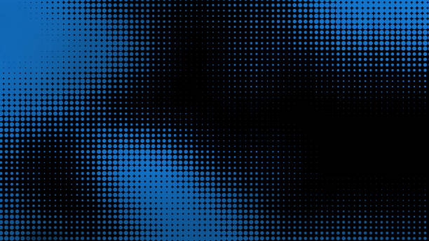 abstrakte abstufung des halbtonmusters in blauer farbverlaufsfarbe. verlaufsskala von blauen punkten auf schwarzem hintergrund.  grunge-muster gepunktet für poster, visitenkarte, cover, etiketten-mock-up. - gradiation stock-fotos und bilder