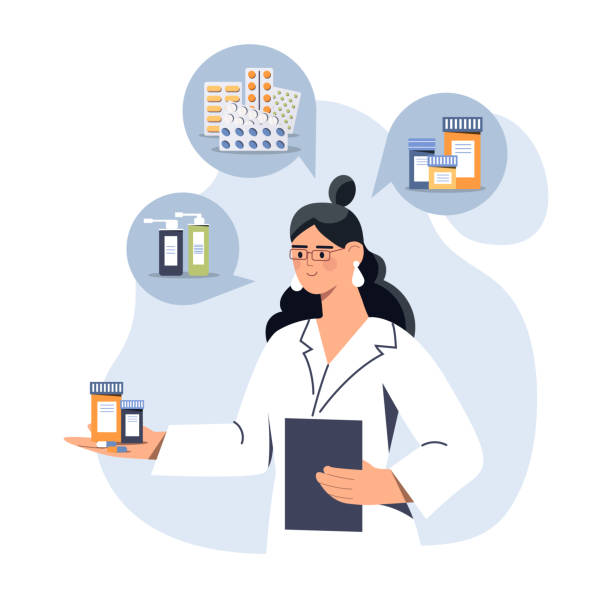 Pharmacist woman concept Pharmacist woman concept. Young girl standing in dressing gown with folder in her hands. Character for posters and banners. Doctor offers pills to patients, treatment. Cartoon flat vector illustration pharmacist cartoon stock illustrations
