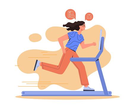 Running on treadmill. Girl in rocking chair, character on cardio workout. Active lifestyle and health care. Runner exercising indoors, fitness device or gadget. Cartoon flat vector illustration