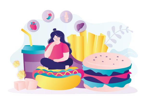 mädchen dachte über das problem der fettleibigkeit nach. frau denkt über ihre ungesunden essgewohnheiten nach - teen obesity stock-grafiken, -clipart, -cartoons und -symbole
