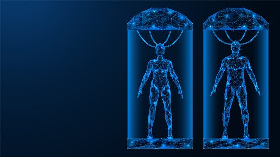 A man and a woman in cryogenic capsules. Hibernation chambers for sleeping. Futuristic polygonal design of interconnected lines and dots. Blue background.