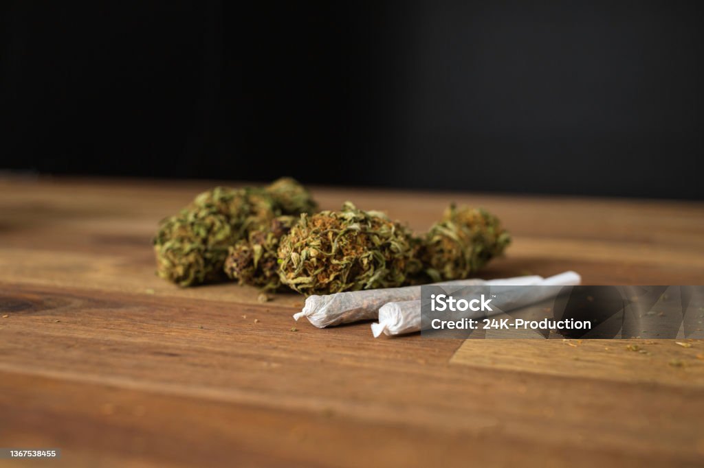 Male hands rolling marijuana joint Marijuana cannabis joint in coffee shop Amsterdam with CBD weed buds. Cannabis Plant Stock Photo