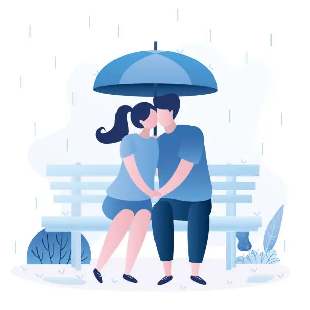 Vector illustration of Love couple sits on bench and hugs. Family or lovers with umbrella in the rain. Couple in love, expression of emotion, relationship. Cute characters