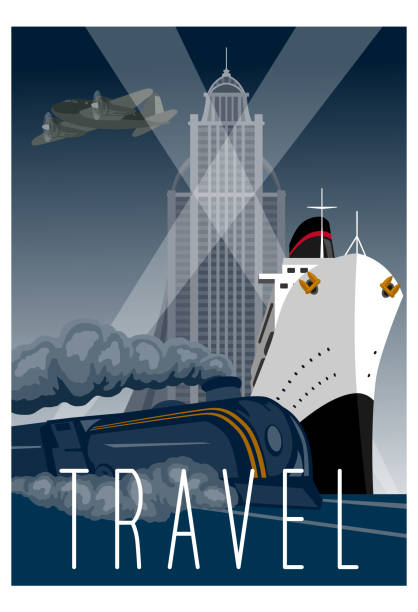 An Art Deco travel poster with ship, airplane, train, and building