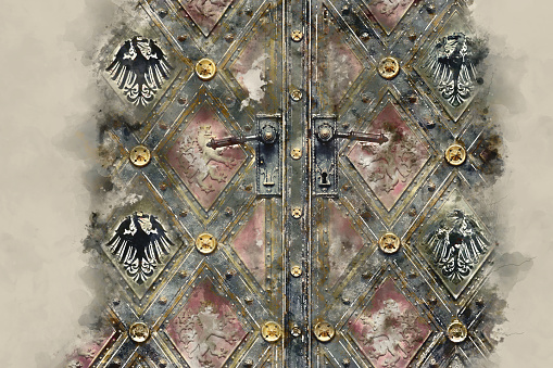 watercolor style illustration of old grunge, medieval metal texture. part of antique old door