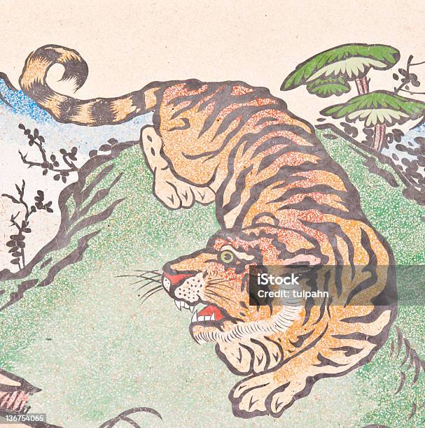 Tiger 페인팅 On Chinese 관자놀이 벽 호랑이에 대한 스톡 사진 및 기타 이미지 - 호랑이, 중국, 0명