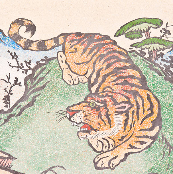 tiger painting on chinese temple wall in thailand,Thailand.Generality in Thailand, any kind of art decorated in Buddhist church etc. created with money donated by people, no restrict in copy or use.
