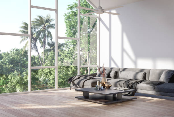 Modern contemporary living room with nature view background 3d render