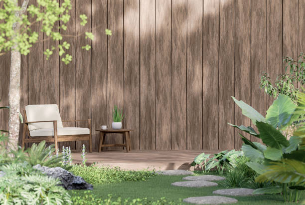 Wooden terrace in the tropical garden style 3d render Wooden terrace in the tropical garden style 3d render with old plank background courtyard stock pictures, royalty-free photos & images