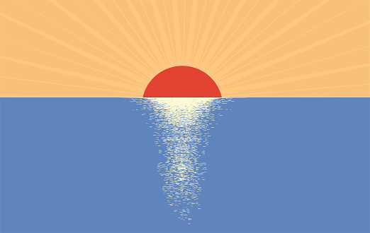 Landscape. Sunrise over the sea surface. Minimalistic vector illustration
