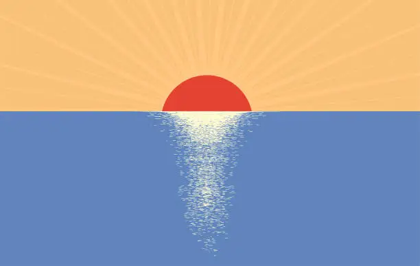 Vector illustration of Landscape. Sunrise over the sea surface. Minimalistic  illustration