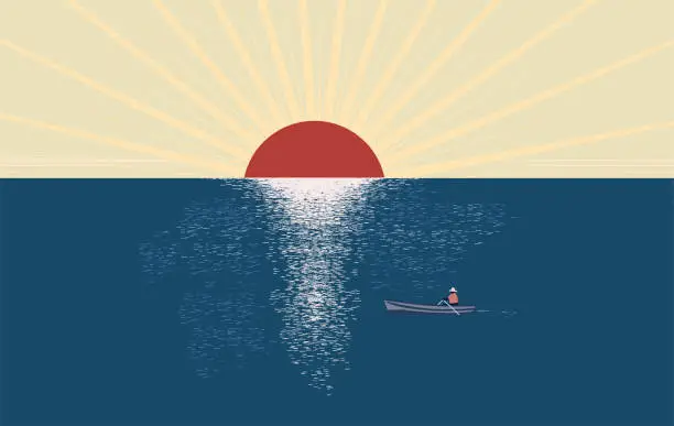 Vector illustration of Landscape. Sunrise over the sea surface. Boat with a fisherman