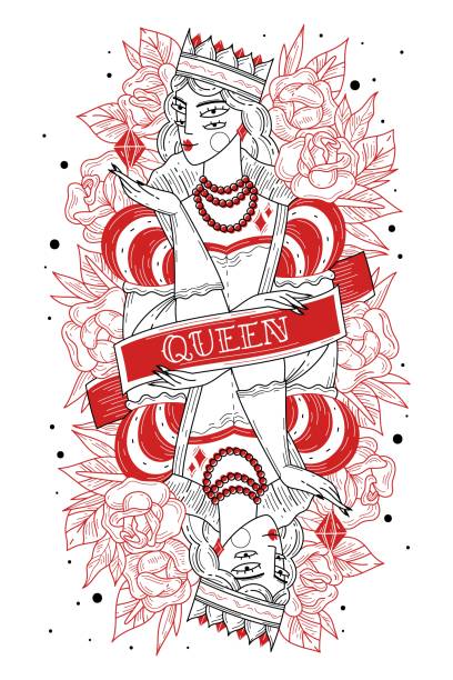 ilustrações de stock, clip art, desenhos animados e ícones de red queen. red queen. young woman with diamond and crown, symmetrical image with dividing tape, engraving style, old school hipster tattoo. vector - baroness