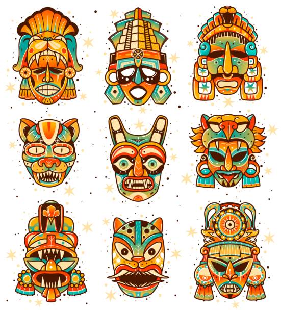 masken der maya-kultur. masken der maya-kultur. ethnisch indianische amerikanische inka-einheimische elemente, alte aztekische rituale idole, religion stammes dekorative symbole. vektormenge - pattern old fashioned antique flower stock-grafiken, -clipart, -cartoons und -symbole