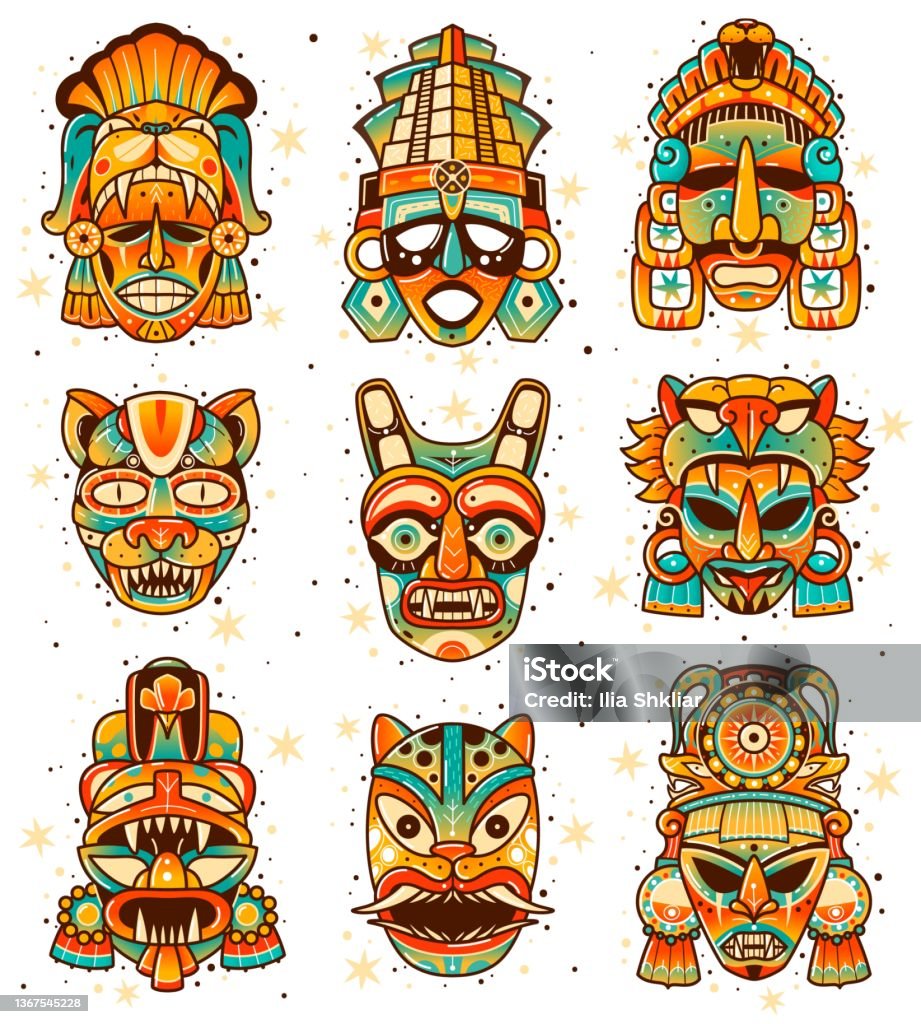 Maja kultúra maszkok. Maja kultúra maszkok. Etnikai indiai-amerikai inka őshonos elemek, ősi azték rituálék bálványok, vallás törzsi dekoratív szimbólumok. Vektorkészlet - Jogdíjmentes Ketzalkóatl témájú stock illusztráció Maja kultúra maszkok. Maja kultúra maszkok. Etnikai indiai-amerikai inka őshonos elemek, ősi azték rituálék bálványok, vallás törzsi dekoratív szimbólumok. Vektorkészlet - Jogdíjmentes Ketzalkóatl témájú stock illusztráció