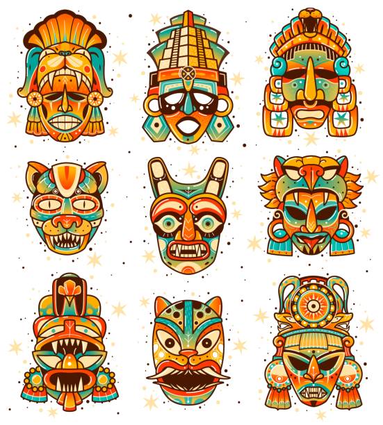 istock Maya culture masks. Maya culture masks. Ethnic Indian American inca native elements, ancient aztec rituals idols, religion tribal decorative symbols. Vector set 1367545228
