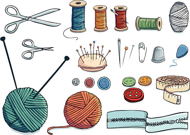 illustrations, cliparts, dessins animés et icônes de couture dessiné à la main icon set - knitting needle