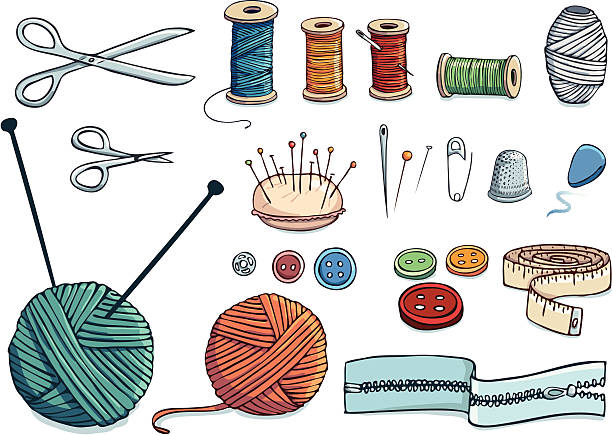 швейная hand-drawn набор иконок - knitting needle stock illustrations