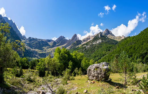 Pineta Valley in Pyrenees National Park of Ordesa and Monte Perdido Cinca river in Huesca Aragon of Spain