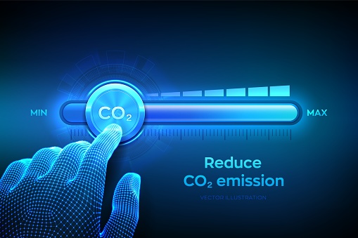 Carbon dioxide emissions control concept. Reduce CO2 level. Wireframe hand is pulling to the minimum position carbon dioxide progress bar. CO2 reduction or removal concept. Vector illustration.