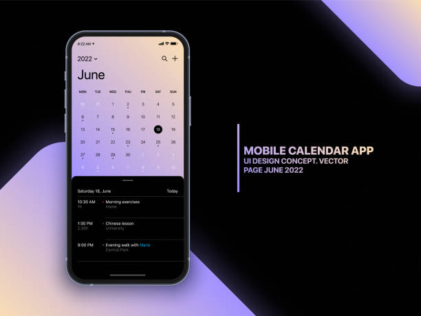 illustrazioni stock, clip art, cartoni animati e icone di tendenza di concetto dell'interfaccia utente dell'app calendario mobile su mockup vettoriale dello schermo dello smartphone realistico - june