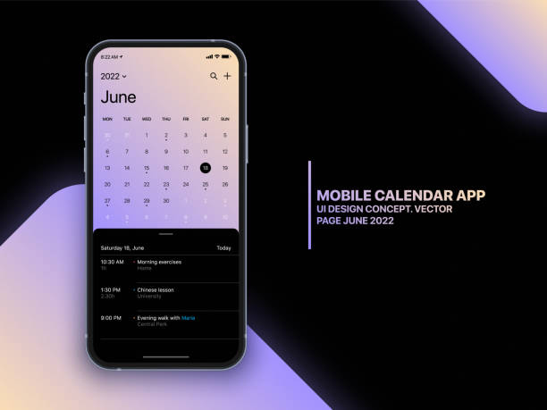 ilustrações de stock, clip art, desenhos animados e ícones de mobile calendar app ui concept on realistic smartphone screen vector mockup - june