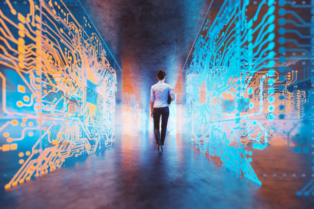 istock Businesswoman walking in VR environment 1367549765