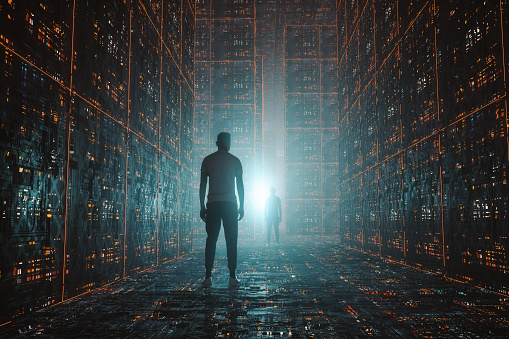 Causal man standing in VR environment - 3D generated image.