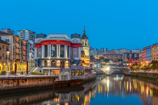 Bilbao, Market Building at Twilight in Ribera riverbank - Bilbau Old Town Landscape - Seven Streets District - Basque Country, Spain