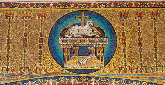 Rome - The ancient christian mosaic of Lamb of God on the Book of Revelation in the church  Basilica dei Sancti Cosma e Damiano from 7 cent..