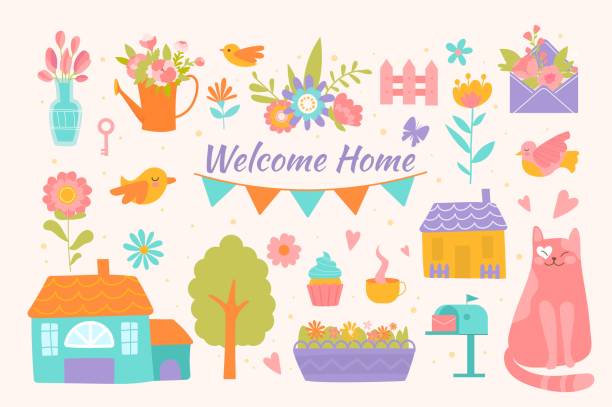 ilustraciones, imágenes clip art, dibujos animados e iconos de stock de dulce juego casero - house cute welcome sign greeting