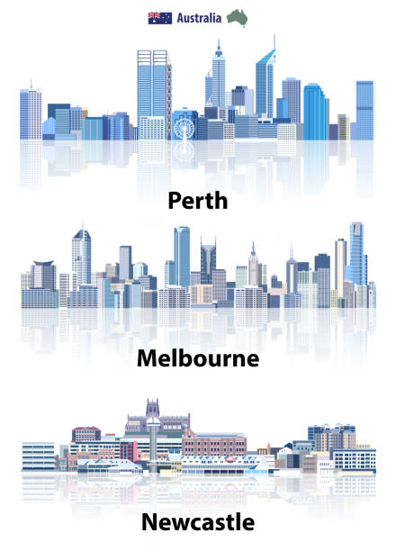 vector abstract illustrations of australian skylines in tints of blue color palette. crystal aestetics style - newcastle stock illustrations