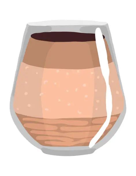 Vector illustration of Tiramisu dessert in glass. Single doodle of sweet food. Hand drawn vector illustration in flat style. Cartoon clipart isolated on white background.