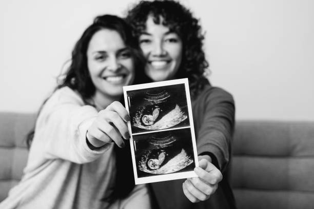 LGBT lesbian couple holding ultrasound scan of growing baby in pregnancy time - Focus on photo LGBT lesbian couple holding ultrasound scan of growing baby in pregnancy time - Focus on photo surrogacy stock pictures, royalty-free photos & images