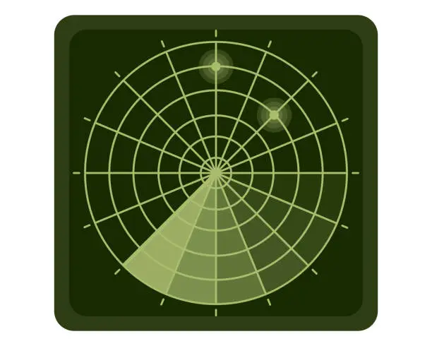 Vector illustration of Military digital green radar or search system with targets on monitor. HUD radar display, air search or navy sonar.