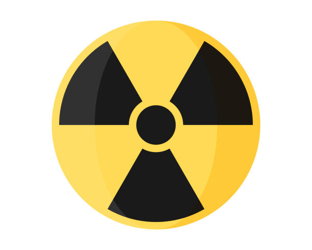 Round yellow symbol of radioactive contamination, nuclear danger and weapon. Round yellow symbol of radioactive contamination, nuclear danger and weapon. Military concept for army and war. Vector cartoon isolated illustration. nuclear symbol stock illustrations