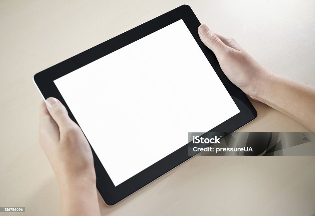 Showing Electronic Tablet PC Woman hands holding electronic tablet pc with blank screen. Adult Stock Photo