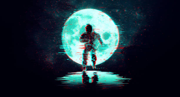 illustrations, cliparts, dessins animés et icônes de glitch astronaute sur le fond de la lune et de l’espace. conception abstraite du bruit de pixel numérique. illustration vectorielle - art astronomy space stratosphere