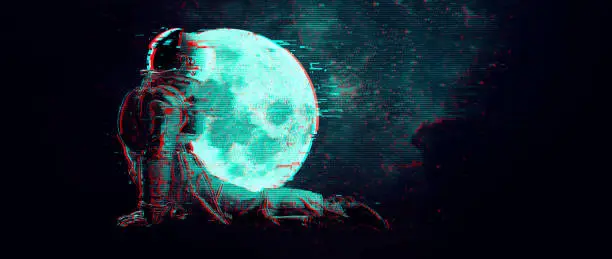 Vector illustration of Glitch astronaut on the background of the moon and space. Digital pixel noise abstract design. Vector illustration