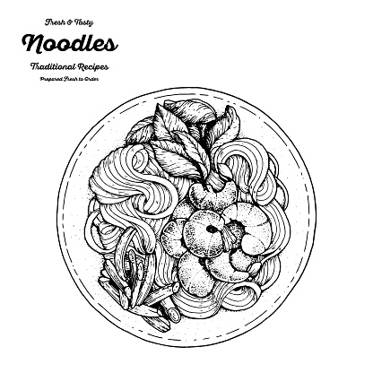Stir fried noodles with shrimps and vegetables. Hand drawn sketch. Top view vector illustration. Engraved style. Black and white illustration. Noodles in bowl.