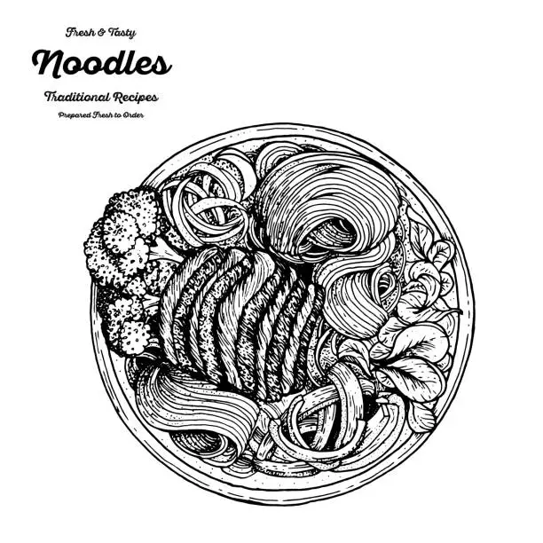 Vector illustration of Noodles, meat and vegetables hand drawn sketch. Top view vector illustration. Noodle dish. Engraved style. Black and white illustration. Noodles in bowl. Asian food.